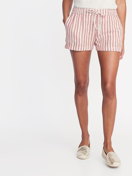 Mid-rise Linen-blend Striped Shorts For Women -- 4-inch Inseam