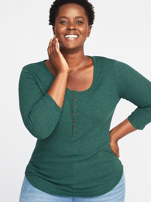 Old Navy Womens Rib-knit Plus-size Bracelet-sleeve Henley Botanical Green Size 3x