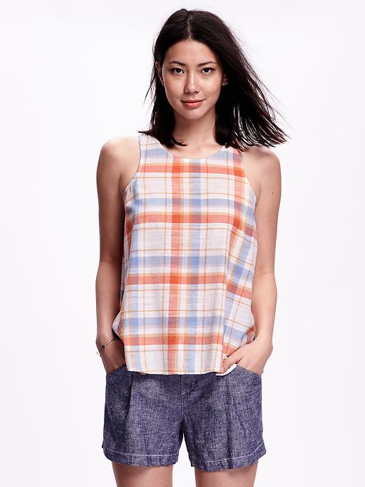 Old Navy Button Back Plaid Trapeze Tank For Women - White Multi