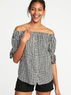 Old Navy Womens Off-the-shoulder Button-front Gingham Swing Top For Women Black Gingham Size Xxl