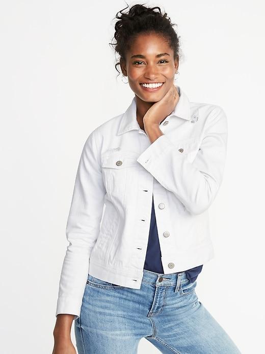 Distressed White Denim Jacket For Women