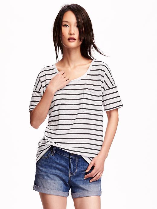 Old Navy Short Sleeve Linen Blend Boyfriend Tee For Women - O.n. New Black Stripe