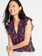 Printed Ruffle-trim Linen-blend Top For Women