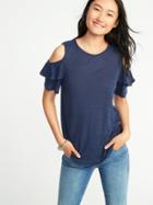 Old Navy Womens Relaxed Linen-blend Cold-shoulder Top For Women Hero Blue Size S