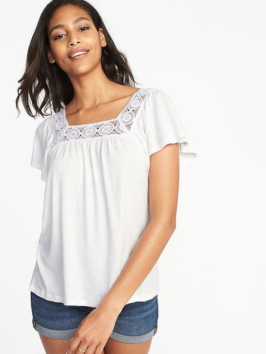 Old Navy Womens Square-neck Crochet-trim Top For Women Cream Size Xl