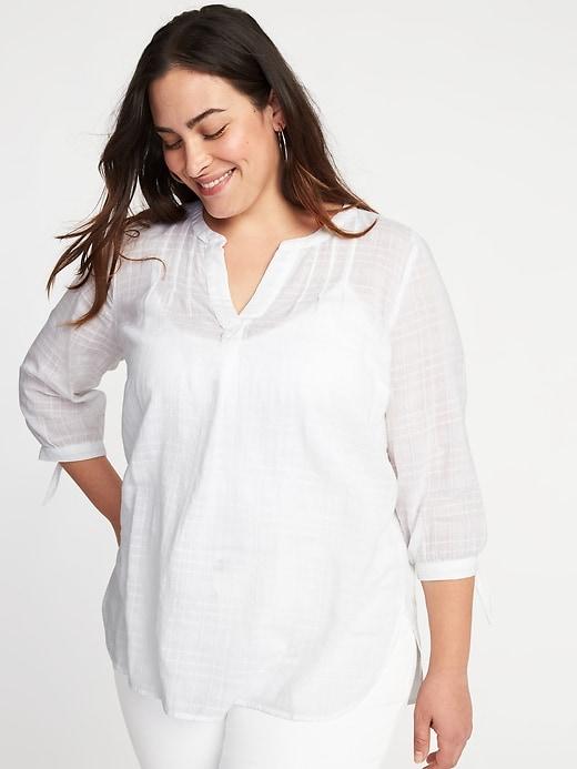 Old Navy Womens Relaxed Plus-size Dobby-windowpane Tie-sleeve Top White Texture Size 4x