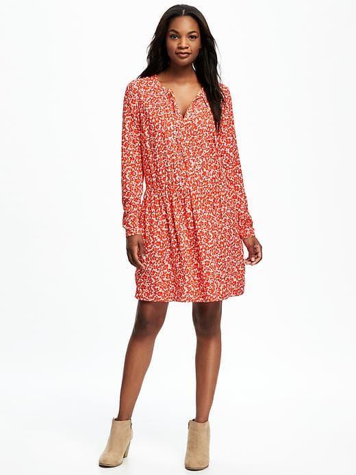 Old Navy Pleated Tie Neck Swing Dress For Women - Red Floral
