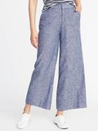Old Navy Womens High-rise Linen-blend Wide-leg Cropped Pants For Women Chambray Blue Size M