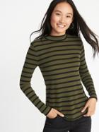 Old Navy Womens Slim-fit Rib-knit Mock-neck Tee For Women Green Stripe Size M