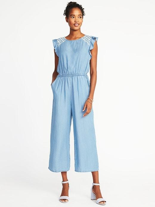 Old Navy Womens Embroidered Waist-defined Tencel Jumpsuit For Women Light Wash Size Xl