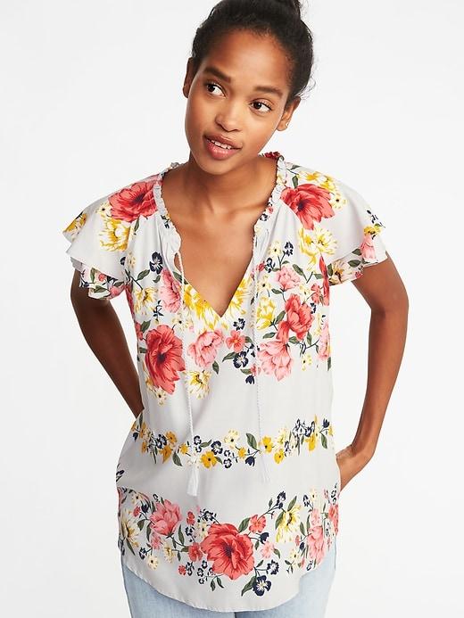Old Navy Womens Relaxed Lightweight Ruffle-trim Top For Women Light Gray Floral Size Xs