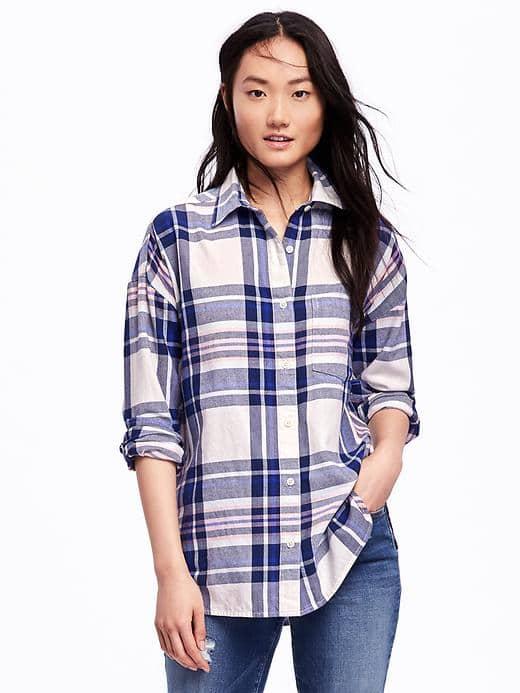 Old Navy Boyfriend Plaid Shirt For Women - White/light Blue