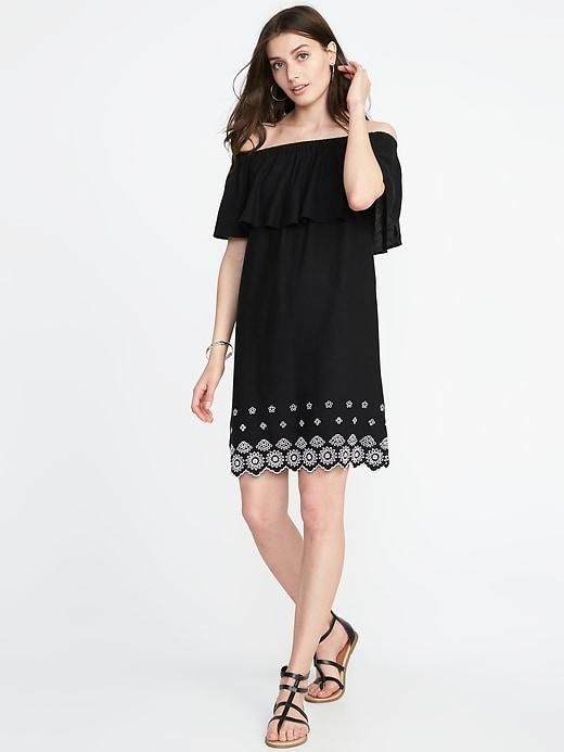 Old Navy Womens Off-the-shoulder Cutwork-hem Linen-blend Shift Dress For Women Blackjack Size Xs