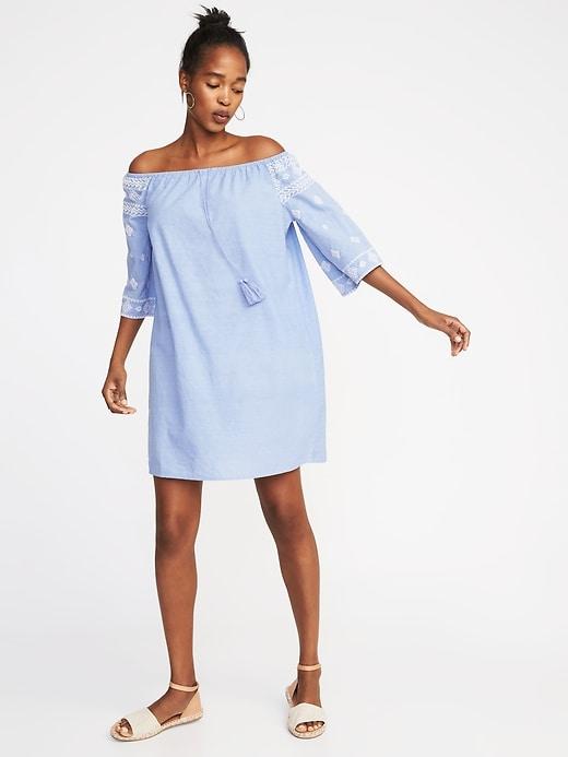 Old Navy Womens Off-the-shoulder Embroidered Chambray Shift Dress Chambray Blue Size Xxl