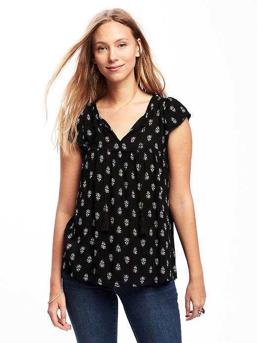 Old Navy Pom Pom Trim Swing Top For Women - Black Print
