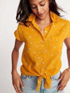Printed Tie-hem Linen-blend Shirt For Women