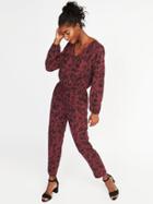 Old Navy Womens Floral-printed Tie-waist Jumpsuit For Women Burgundy Combo Size Xl
