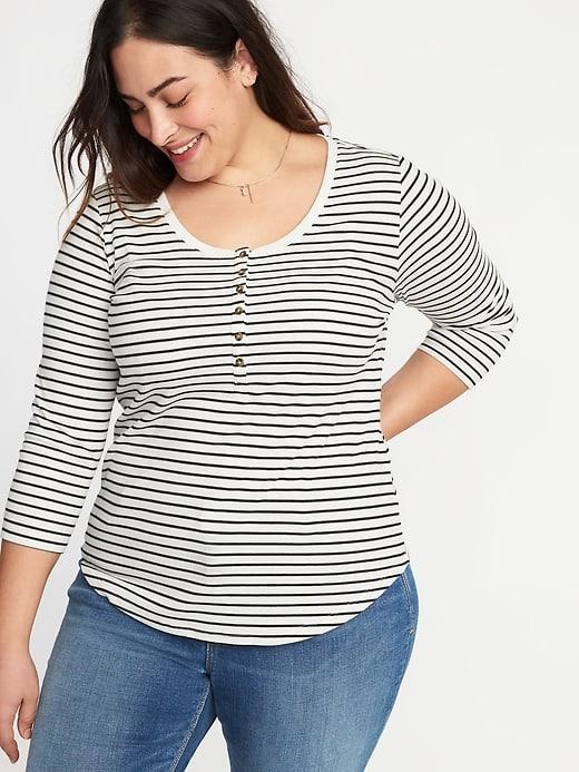 Old Navy Womens Striped Rib-knit Plus-size 3/4-sleeve Henley White Stripe Size 4x
