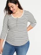 Old Navy Womens Striped Rib-knit Plus-size 3/4-sleeve Henley White Stripe Size 4x