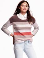 Old Navy Roll Neck Textured Knit Sweaters - Pink Stripe