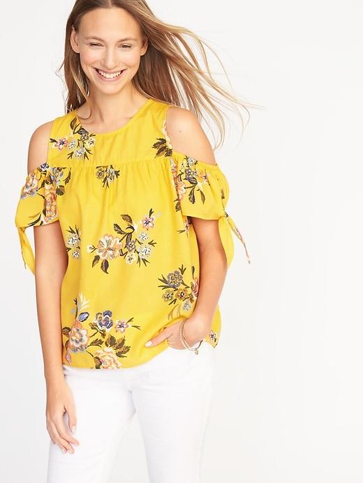 Old Navy Womens Cold-shoulder Tie-sleeve Top For Women Yellow Floral Size L