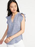 Old Navy Womens Ruffle-trim Linen-blend Popover Shirt For Women Blue Stripe Size Xs