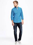Old Navy Slim Fit Plaid Oxford Stretch Shirt For Men - Cosmic Blue