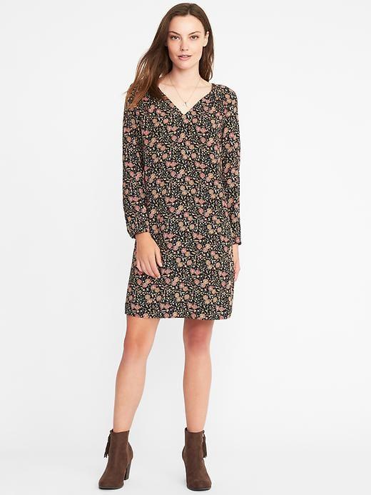 Old Navy Smocked Yoke V Neck Shift Dress For Women - Black Floral