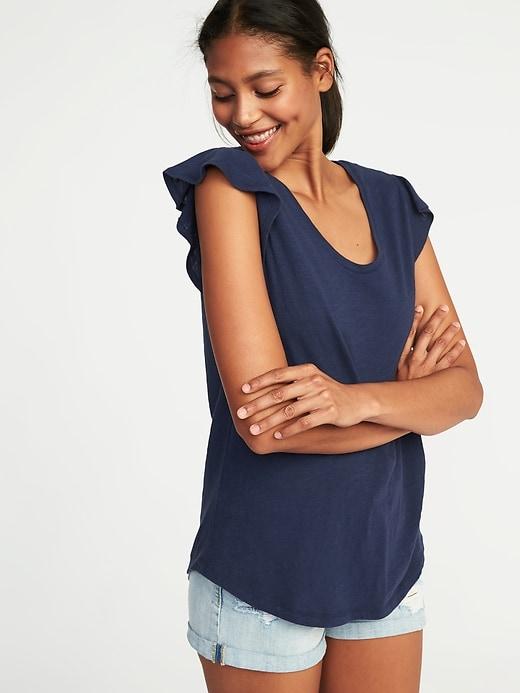 Old Navy Womens Ruffle-trim Voop-neck Tee For Women Lost At Sea Navy Size Xs
