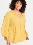 Tie-neck Peplum-hem Plus-size Swing Blouse