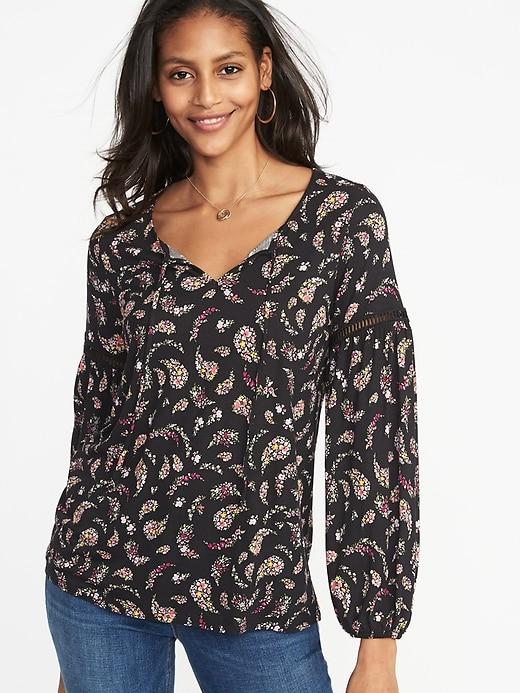 Old Navy Womens Relaxed Boho Tie-neck Top For Women Black Floral Size Xs
