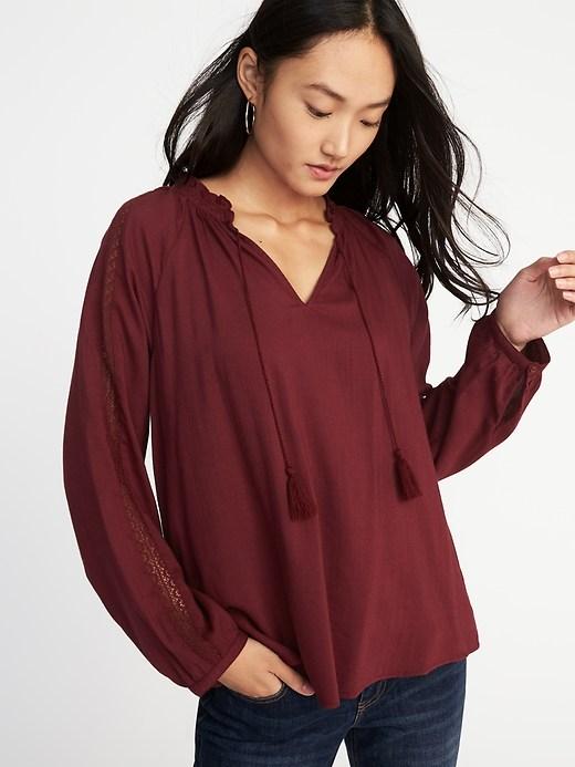 Old Navy Womens Relaxed Tassel-tie Lace-trim Top For Women Maroon Jive Size Xl