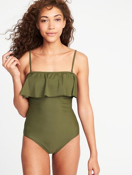 Old Navy Womens Ruffled Square-neck Bandeau Swimsuit For Women Hunter Pines Size L