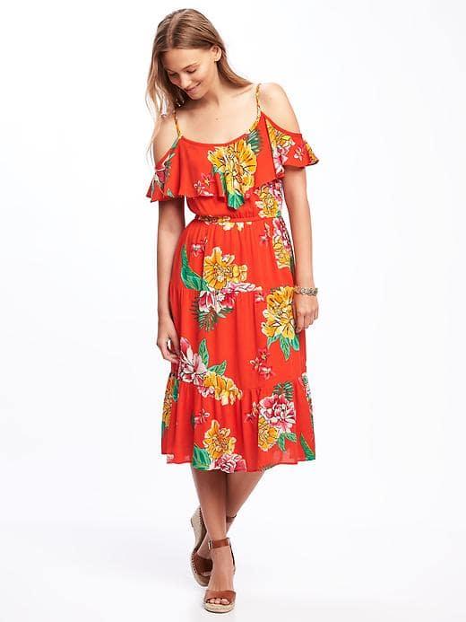 Old Navy Ruffled Cold Shoulder Dress For Women - Red Floral