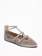 Old Navy Womens Velvet T-strap Pointed-toe Ballet Flats For Women Light Gray Size 7