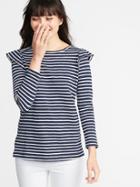 Old Navy Womens Relaxed Ruffle-trim Slub-knit Top For Women Navy Stripe Size S