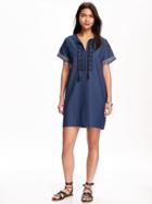 Old Navy Embroidered Front Chambray Shift Dress For Women - Dark Wash
