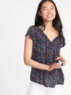 Old Navy Womens Floral-print Flutter-trim Swing Top For Women Navy Floral Size S