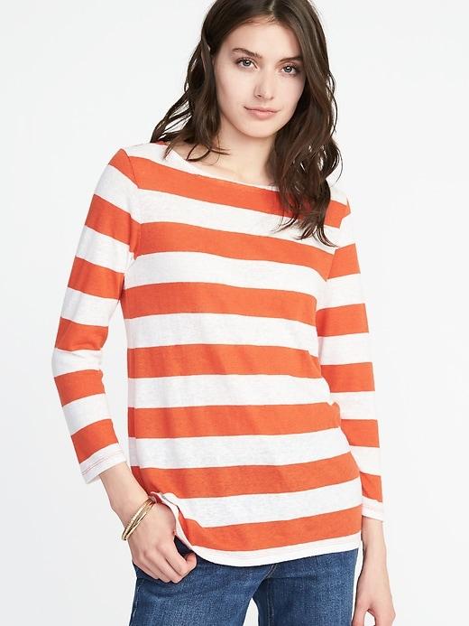 Old Navy Womens Relaxed Mariner-stripe Linen-blend Tee For Women Red Stripes Size Xxl