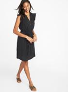 Old Navy Womens Ruffle-trim Tie-belt Shirt Dress For Women Black Size Xxl