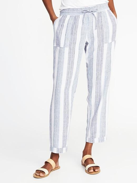 Old Navy Womens Mid-rise Linen-blend Cropped Pants For Women Blue Stripe Size S