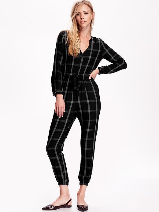 Old Navy Plaid Drawstring Jumpsuit Size L - Grey/black Plaid