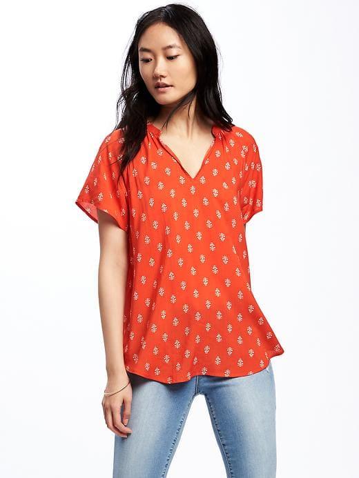 Old Navy Lightweight Split Neck Cocoon Blouse For Women - Red Print