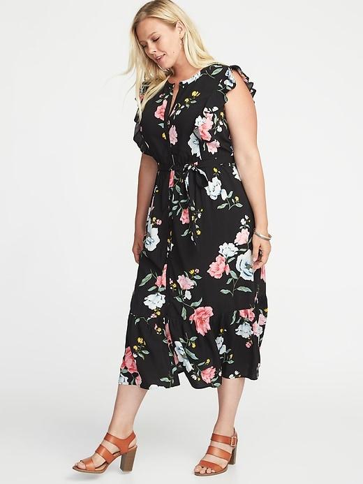 Old Navy Womens Ruffle-trim Plus-size Tie-belt Shirt Dress Black Floral Size 3x