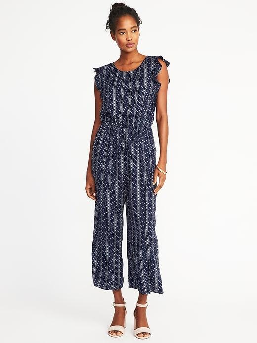 Old Navy Womens Sleeveless Ruffle-trim Waist-defined Jumpsuit For Women Navy Blue Print Size Xxl