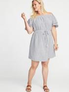 Old Navy Womens Off-the-shoulder Plus-size Tie-belt Shift Dress Blue Stripe Size 2x