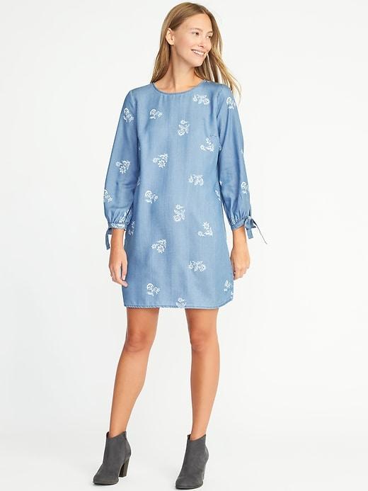 Old Navy Womens Tencel Tie-cuff Shift Dress For Women Chambray Print Size Xxl