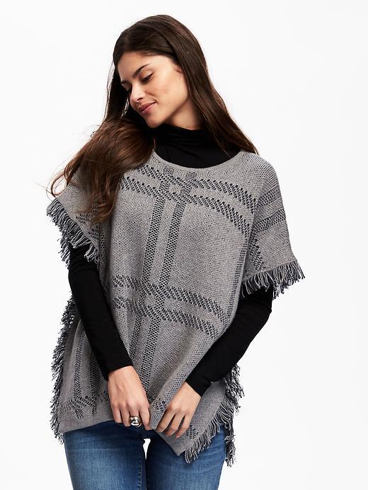 Old Navy Plaid Fringe Poncho For Women - Navy Midscale Plaid