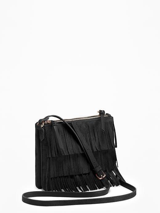 Old Navy Sueded Dual Zip Fringed Crossbody Bag For Women - Blackjack