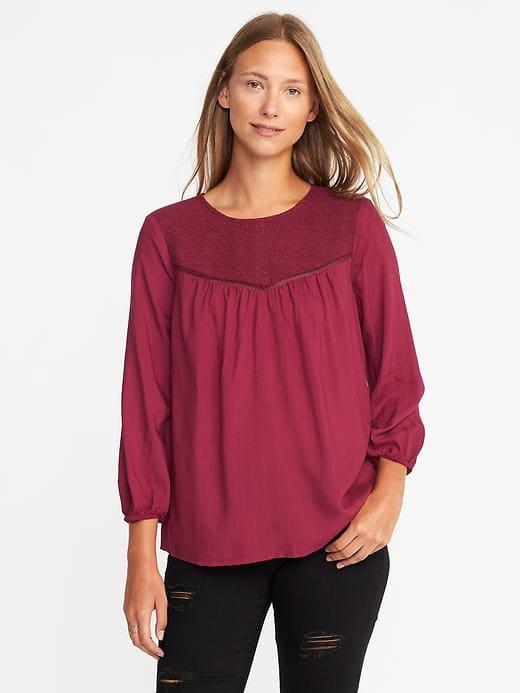 Old Navy Relaxed Lace Yoke Top For Women - Gosh Garnet